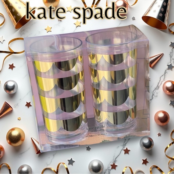 KATE SPADE SET OF 2 HIGHBALL GLASSES WITH GOLD SCALLOPS. - Picture 1 of 4